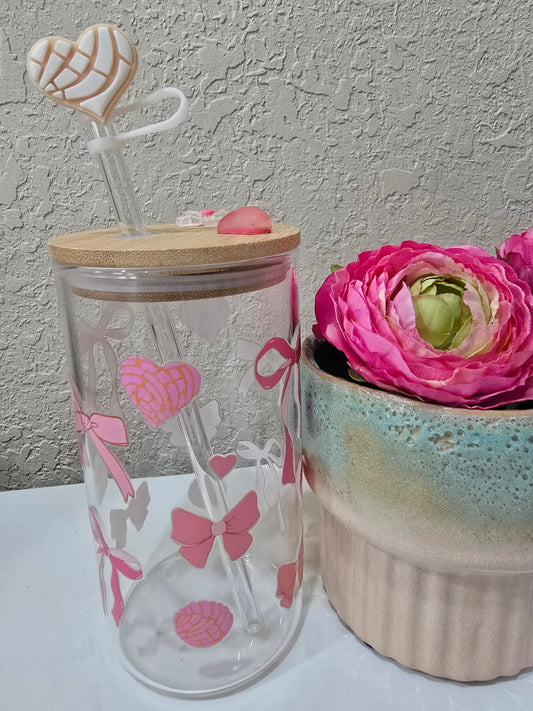 16 oz. Heart Conchitas and Pink Bow Glass Cup/Iced Coffee Cup/Cocktail Tumbler with Lid
