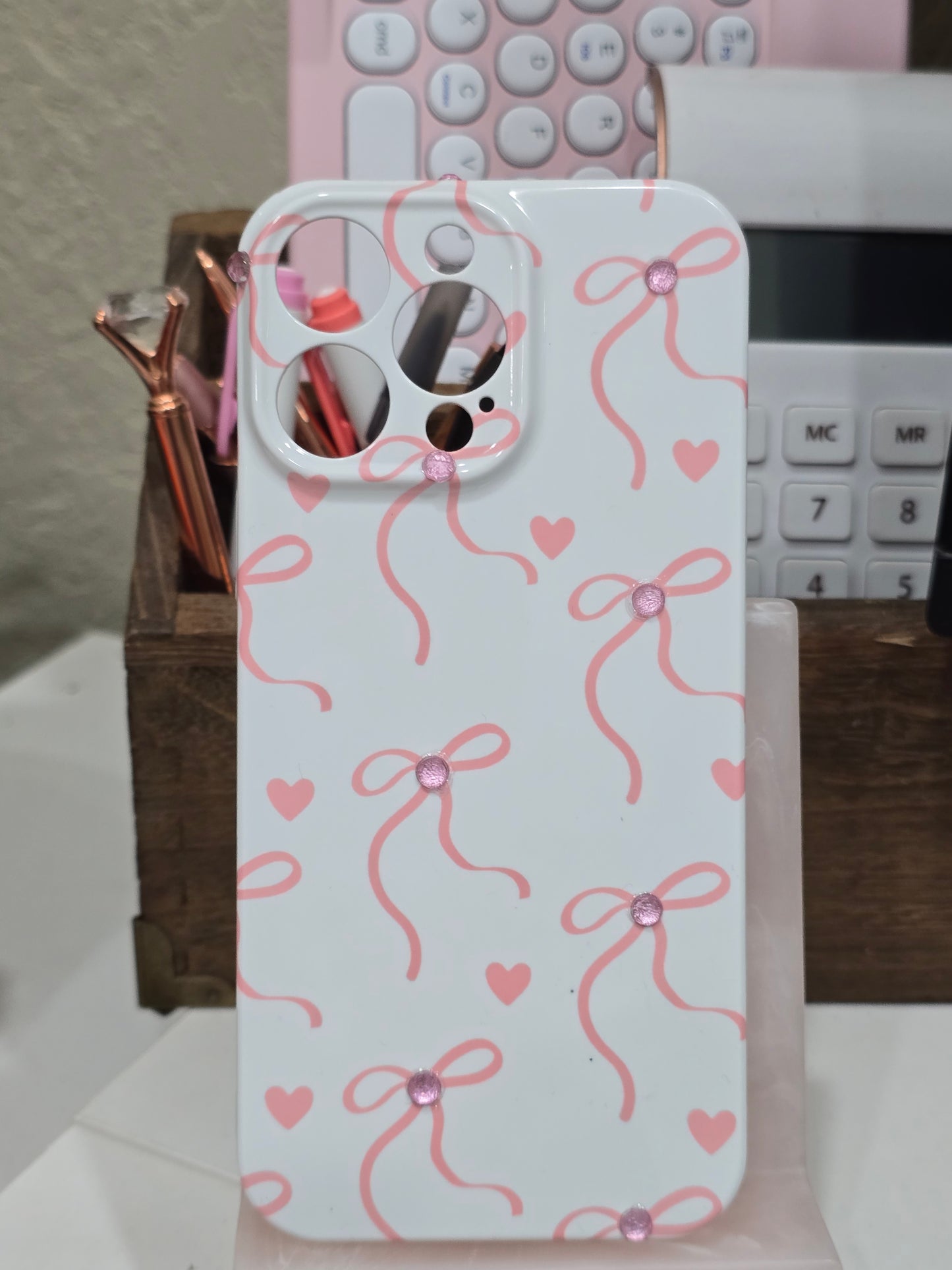 Pink Bows and Hearts with Rhinestones/Pink Bling Phone Case for IPhone 16 ProMax