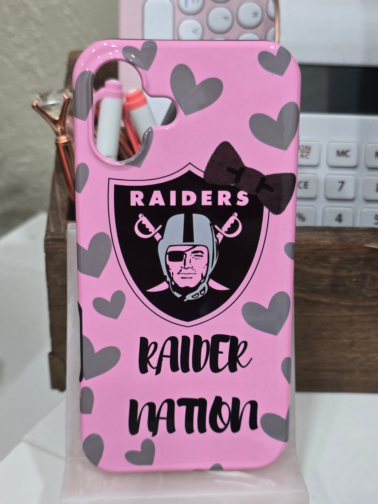 Pink Gray Raider Nation with Hearts and Rhinestone Bow Phone Case for IPhone 16 Plus Glossy 2-in-1 Silicone Interior