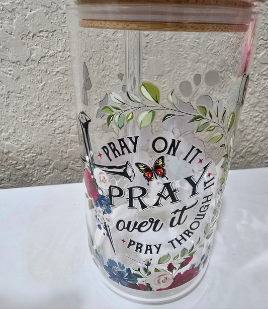 16 oz Pray On It Glass Cup Iced Coffee Tumbler with Lid and Straw