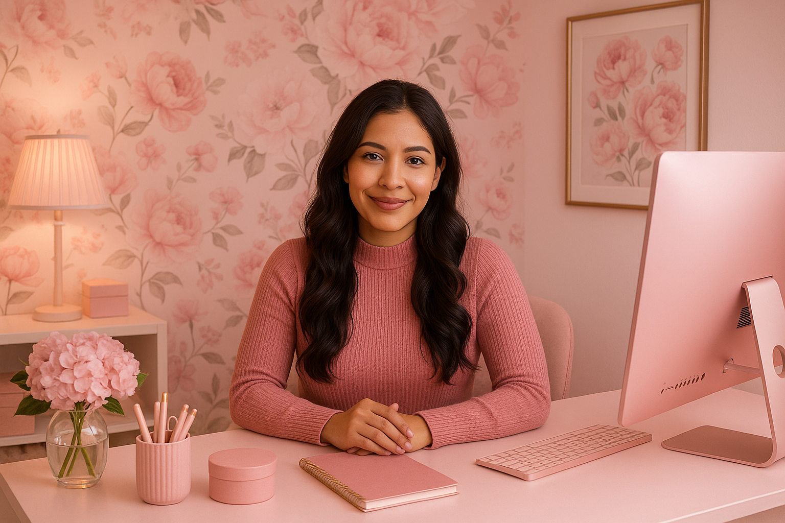 beautiful hispanic woman in a pink home office with pink floral decor