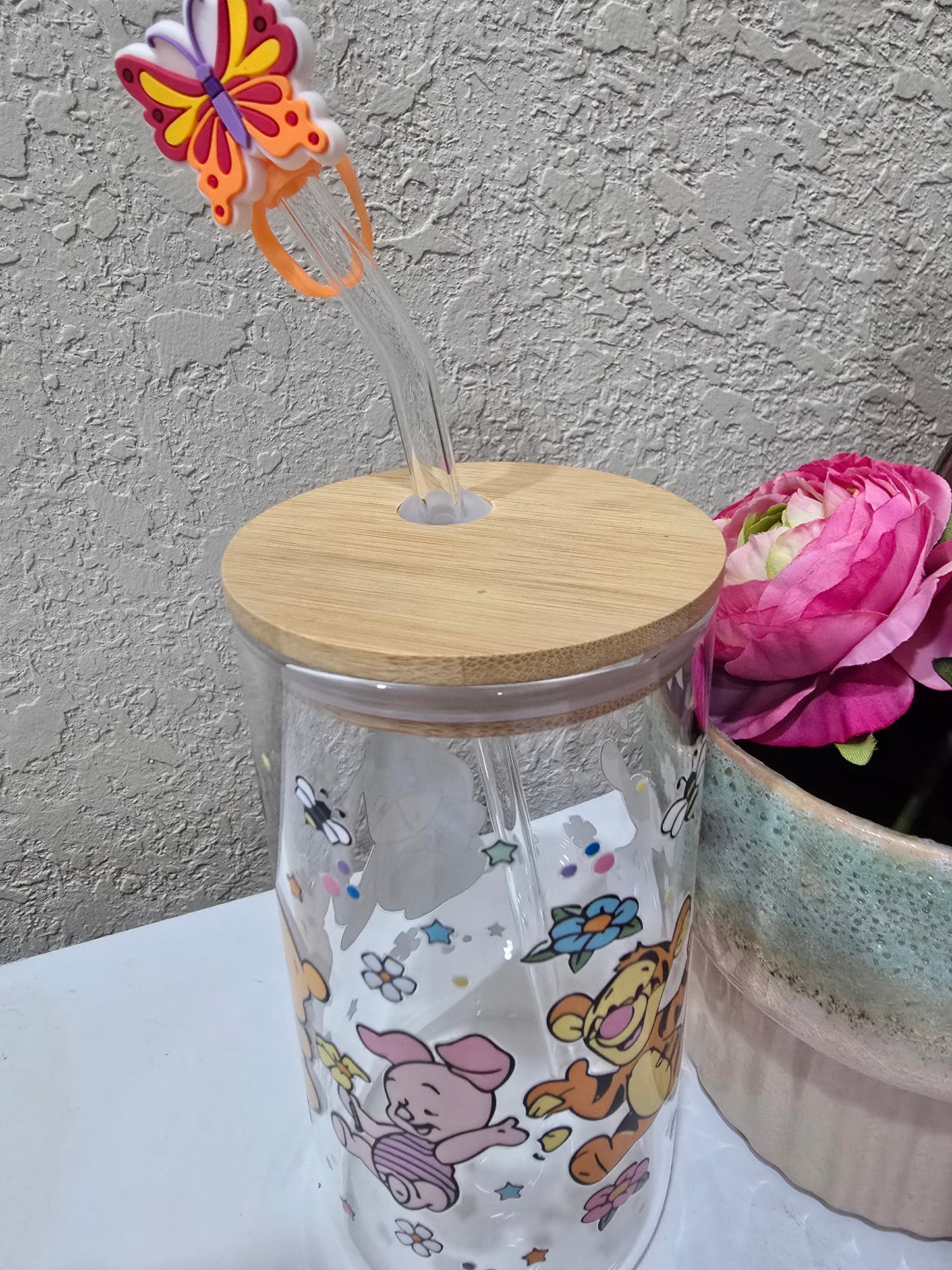 16 0z. Winnie the Pooh and Friends Glass Cup Iced Coffee Tumbler with Lid and Straw