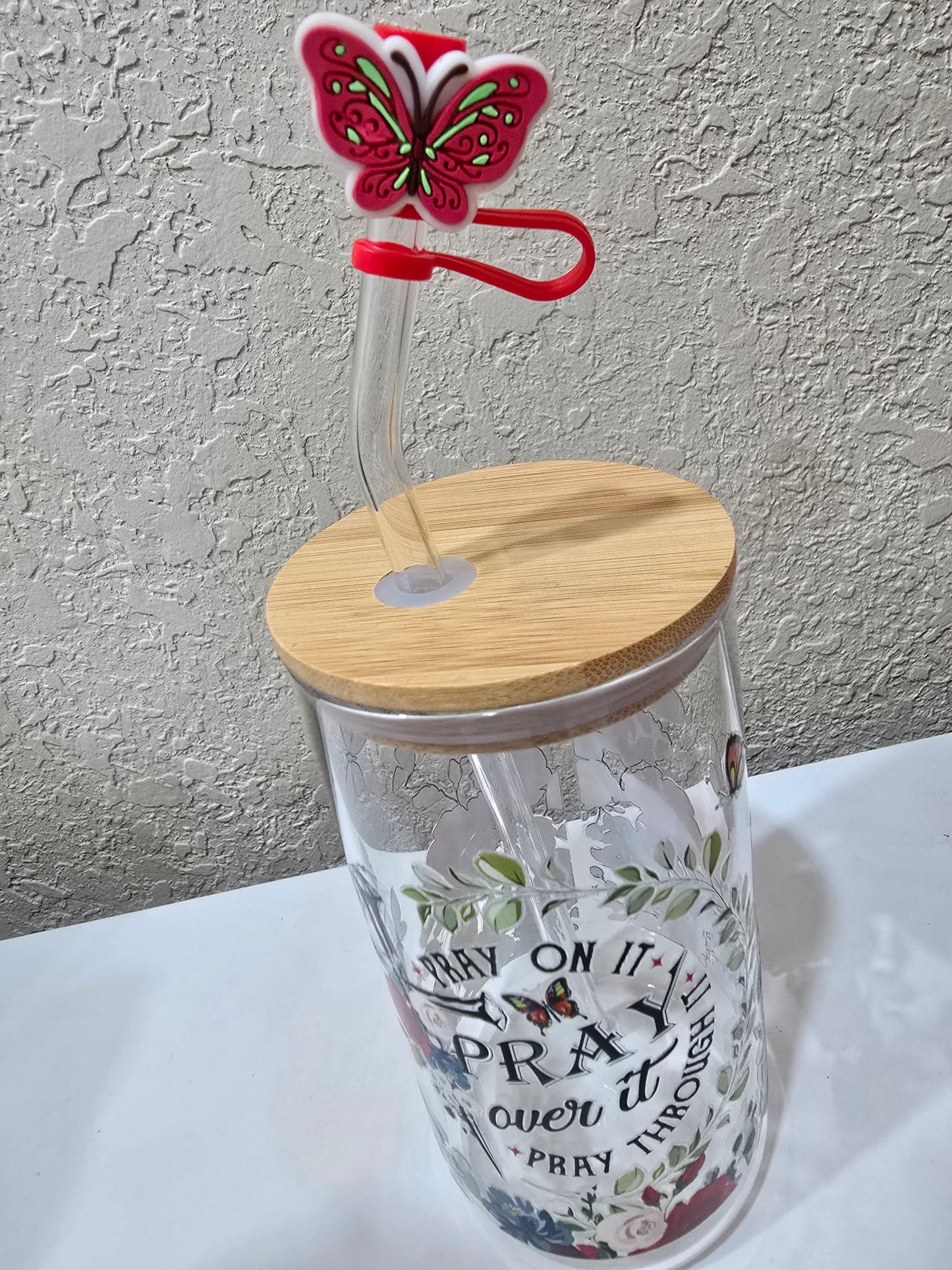 16 oz Pray On It Glass Cup Iced Coffee Tumbler with Lid and Straw