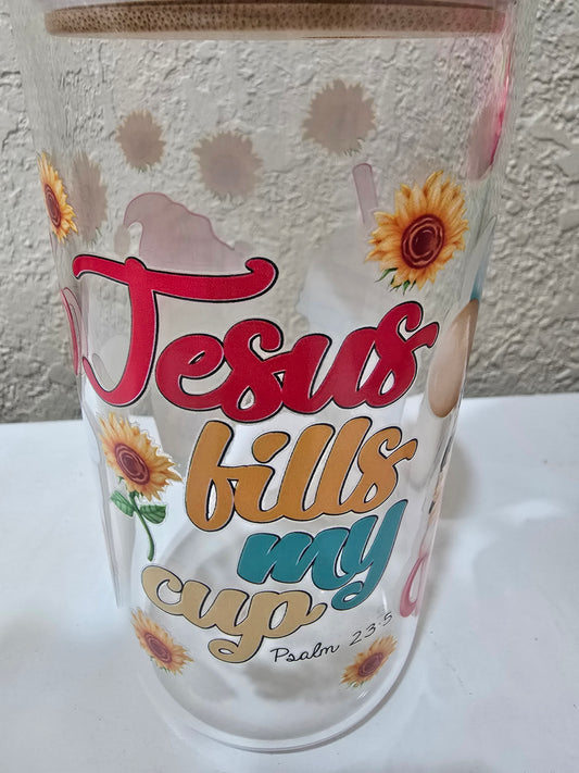 16 oz. Jesus Fills My Cup with Flowers Glass Cup Iced Coffee Cup Tumbler with Lid and Straw