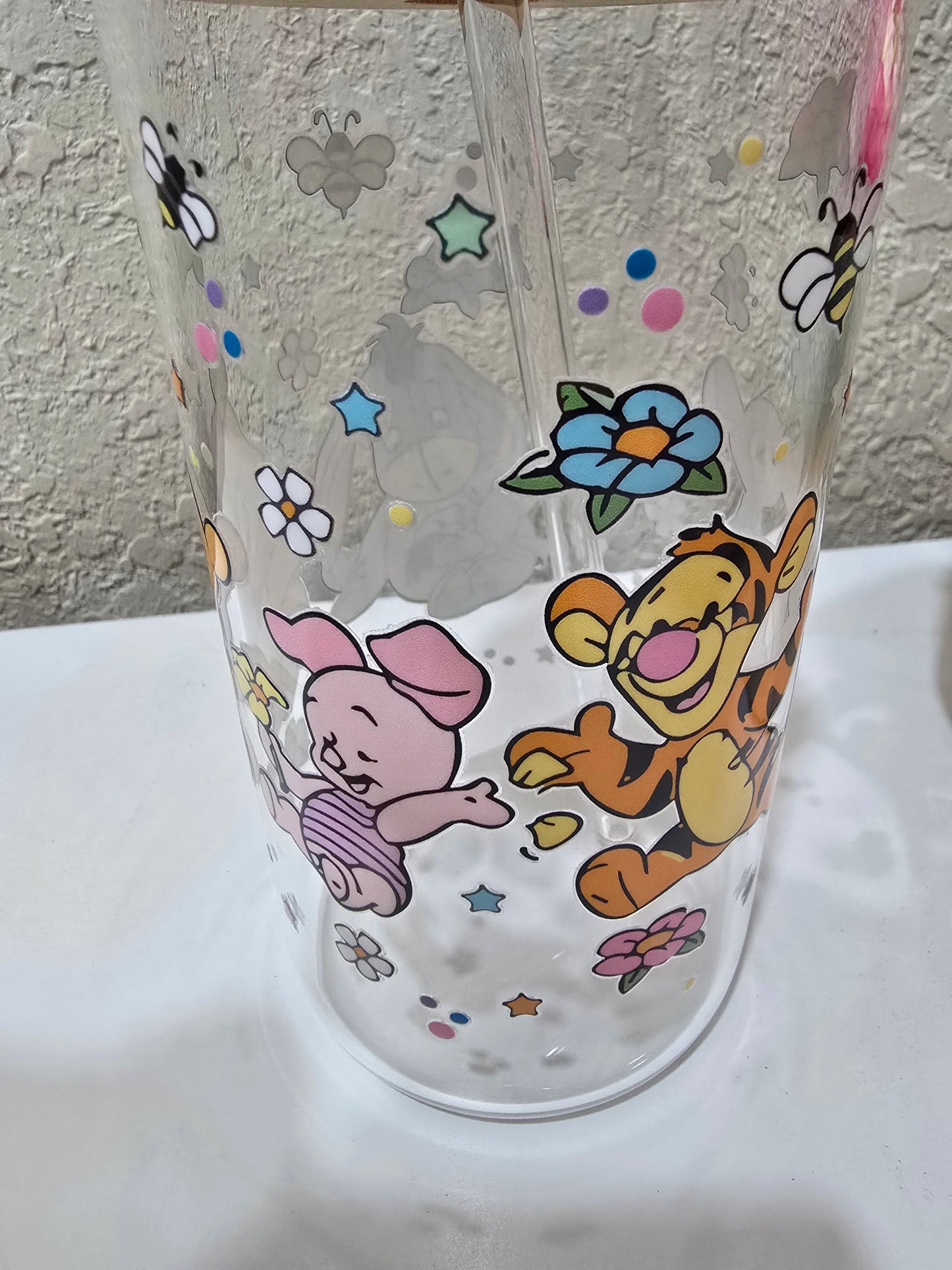 16 0z. Winnie the Pooh and Friends Glass Cup Iced Coffee Tumbler with Lid and Straw