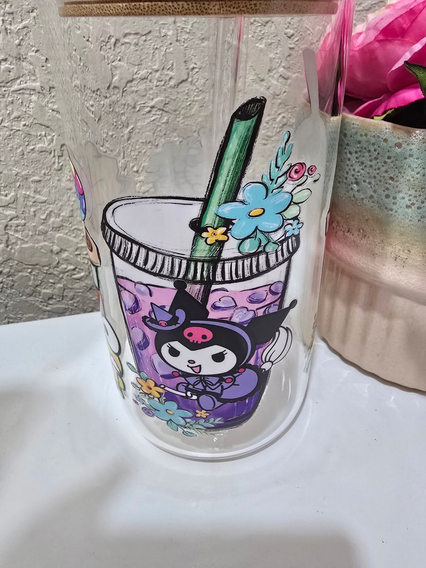 16 oz. Hello Kitty and Friends Glass Cup Iced Coffee Cocktail Tumbler with Lid and Straw