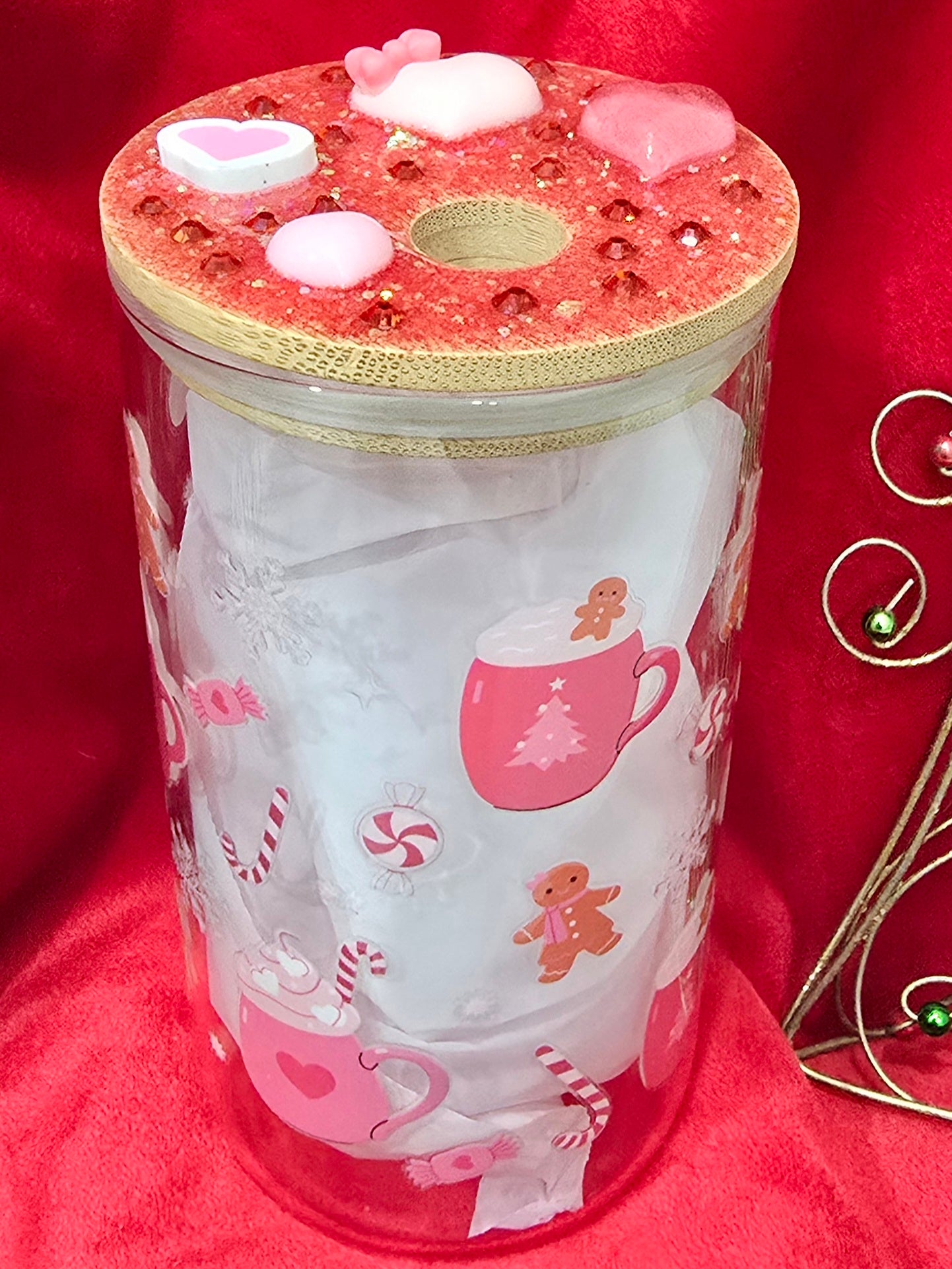 16 oz. Pink Christmas Latte and Candy Heart with Rhinestones Glass Cup Iced Coffee Cocktail Tumbler with Lid and Straw
