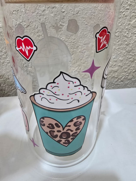 16 oz.  Heart Monitor Nurse Doctor Glass Cup Iced Coffee Cocktail Tumbler with Lid and Straw