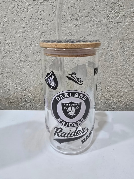 16 oz. Las Vegas Raiders Glass Cup Iced Coffee Cocktail Tumbler with Lid and Straw
