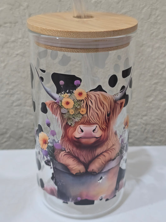 16 oz. Cow with Horns and Daisies Glass Cup Iced Coffee Cocktail Tumbler with Lid and Straw