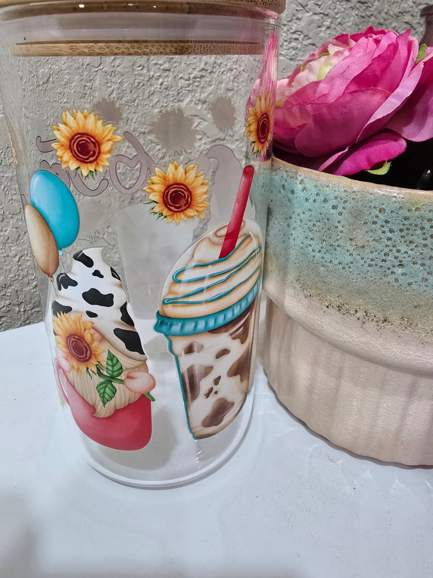16 oz. Jesus Fills My Cup with Flowers Glass Cup Iced Coffee Cup Tumbler with Lid and Straw