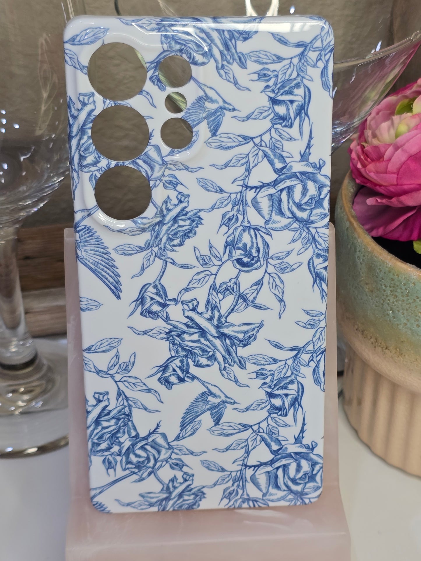 Blue Toile with Rose Hummingbird Phone Case for Samsung S25 Ultra Glossy