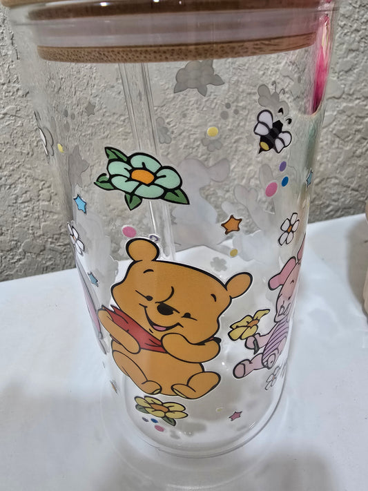 16 0z. Winnie the Pooh and Friends Glass Cup Iced Coffee Tumbler with Lid and Straw