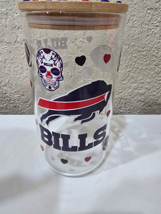 16 oz. Buffalo Bills Glass Cup Iced Coffee Cocktail Tumbler with Lid and Straw