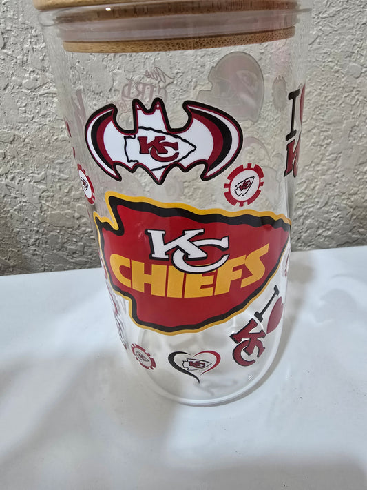 16 oz. Kansas City Chiefs Glass Cup Iced Coffee Cocktail Tumbler with Lid and Straw