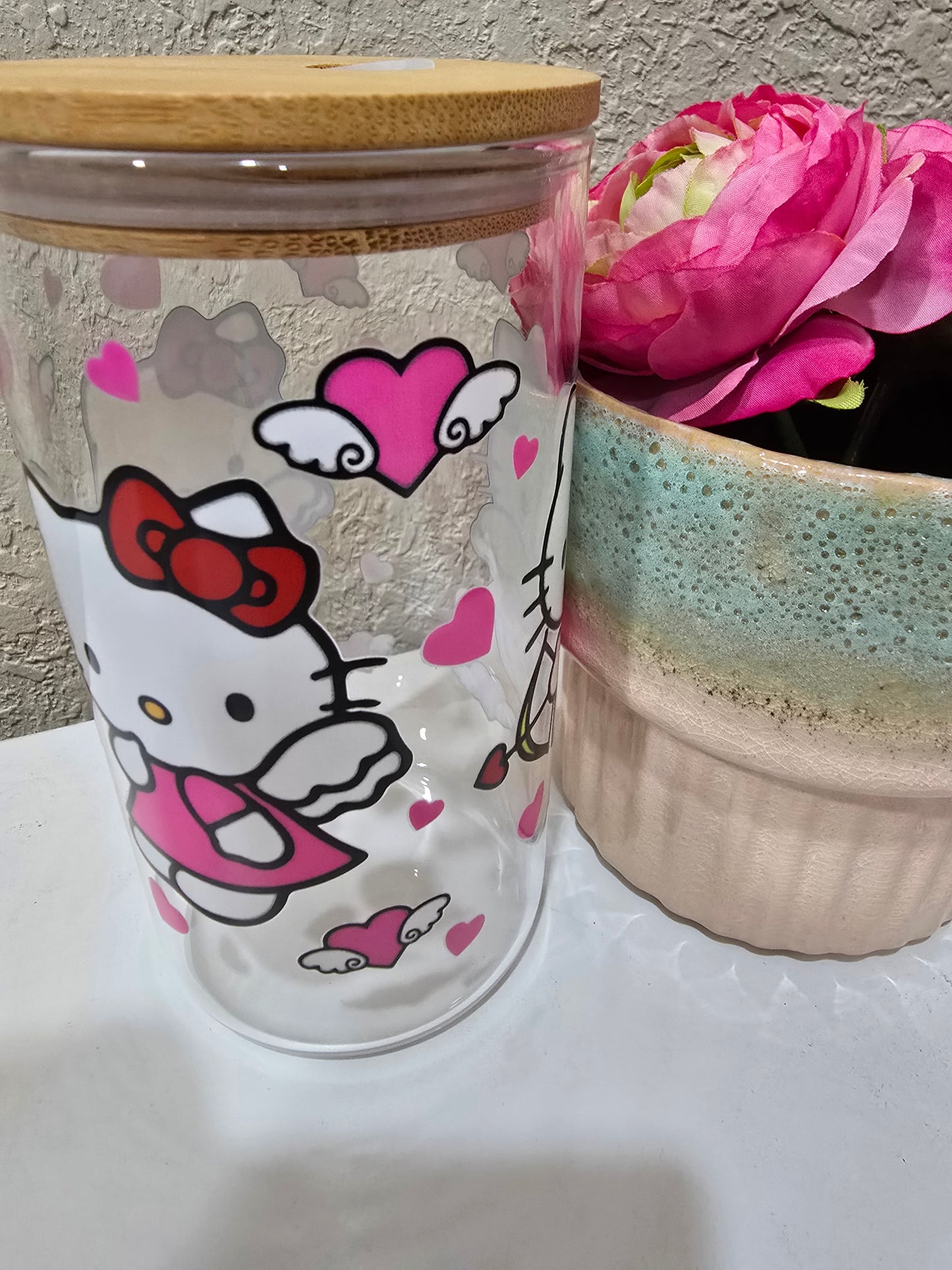 16 oz Hello Kitty Angel with Flying Hearts Glass Cup Iced Coffee Cup Cocktail Tumbler with Lid and Straw
