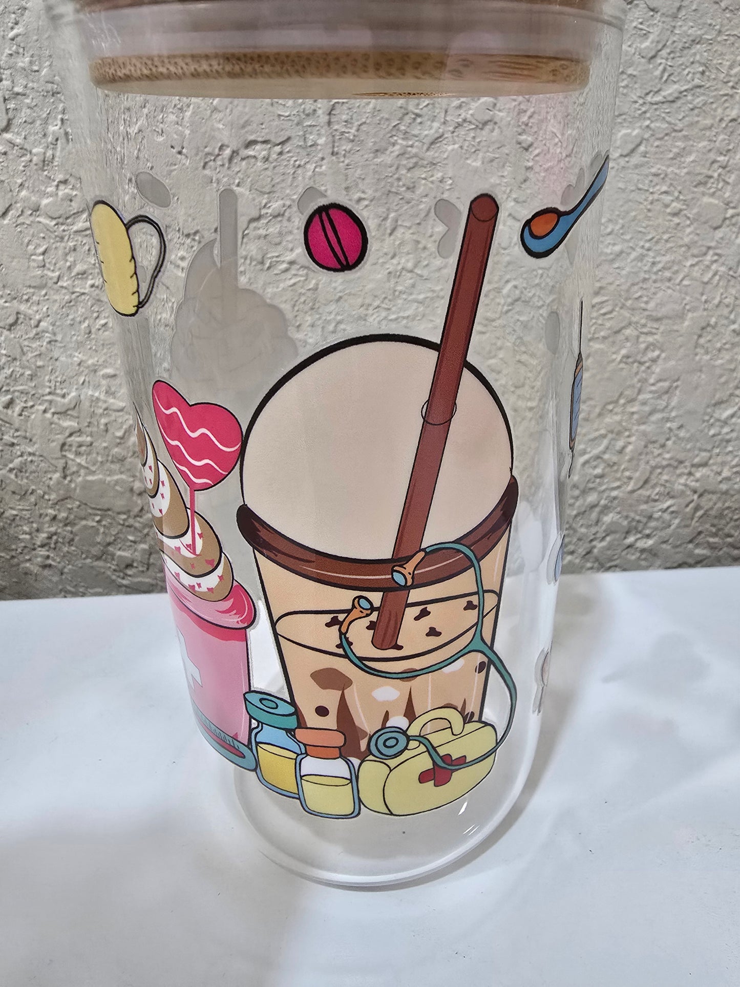 16 oz. Medical Nurse Doctor Glass Cup Iced Coffee Cocktail Tumbler with Lid and Straw
