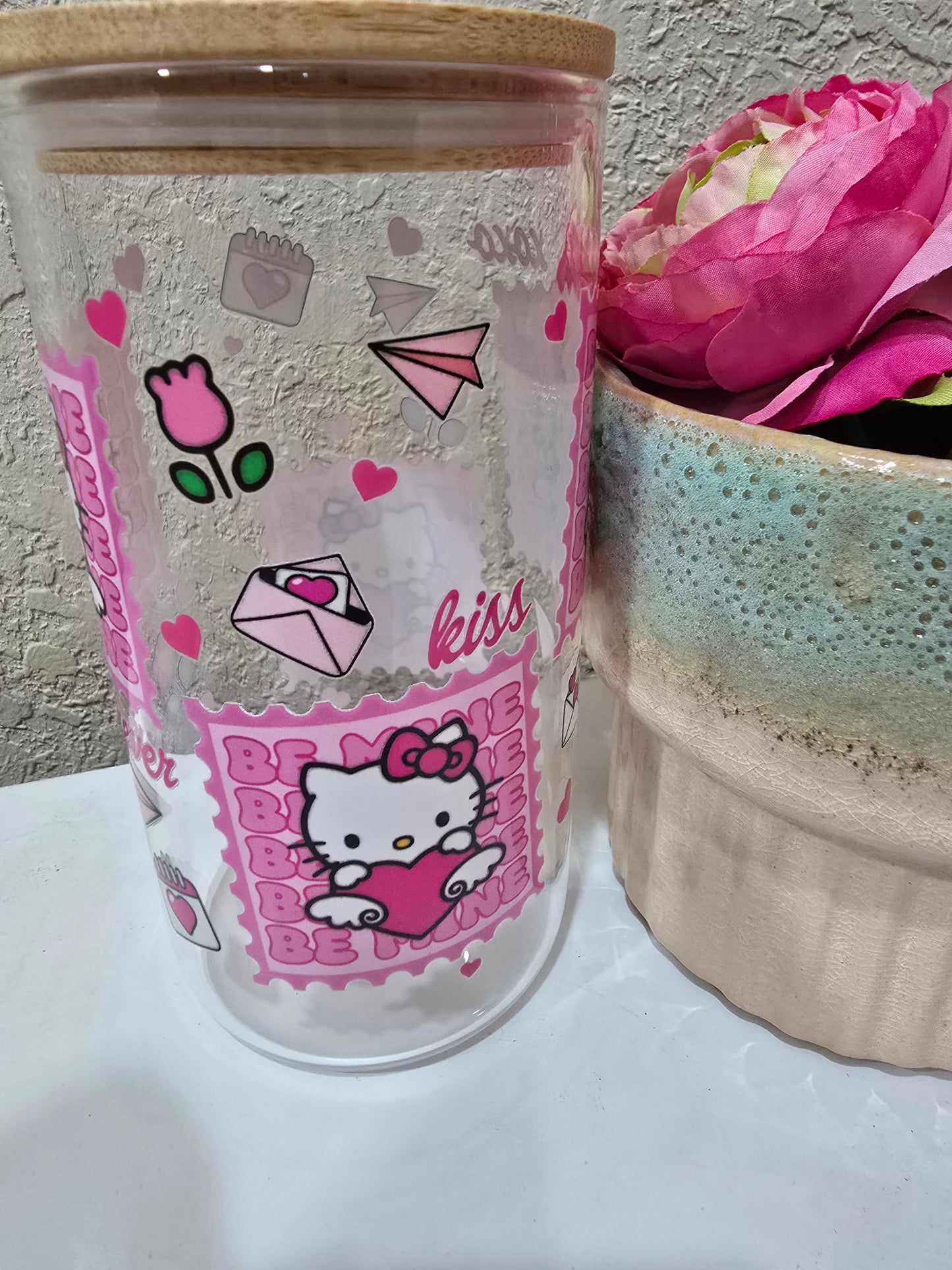 16 oz. Hello Kitty Glass Cup/Iced Coffee Cup/Cocktail Tumbler with Lid