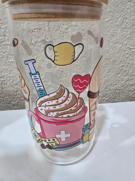 16 oz. Medical Nurse Doctor Glass Cup Iced Coffee Cocktail Tumbler with Lid and Straw