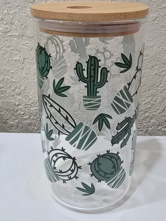 16 oz. Green Cactus Glass Cup Iced Coffee Cocktail Tumbler with Lid and Straw