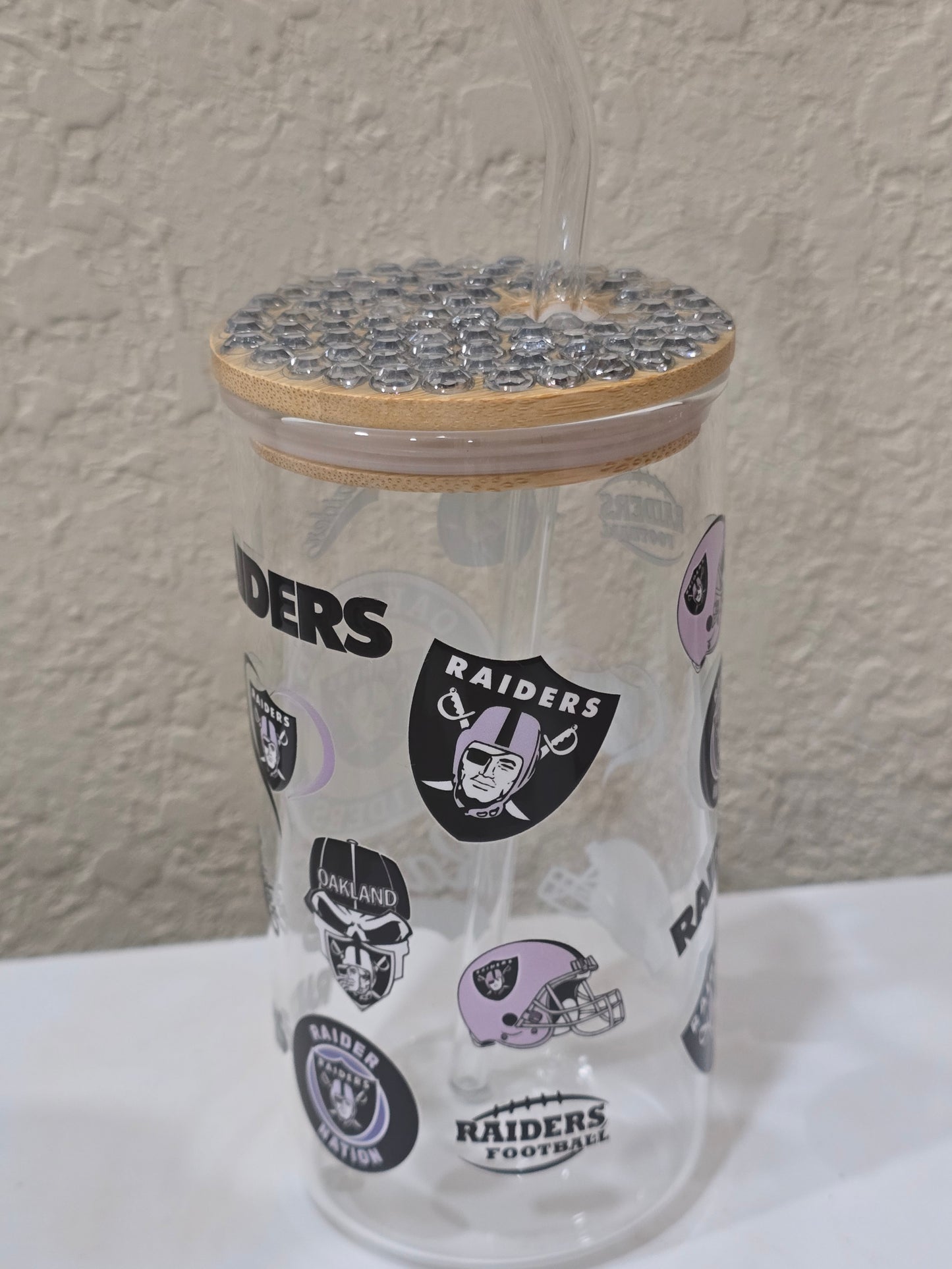 16 oz. Las Vegas Raiders Glass Cup Iced Coffee Cocktail Tumbler with Lid and Straw