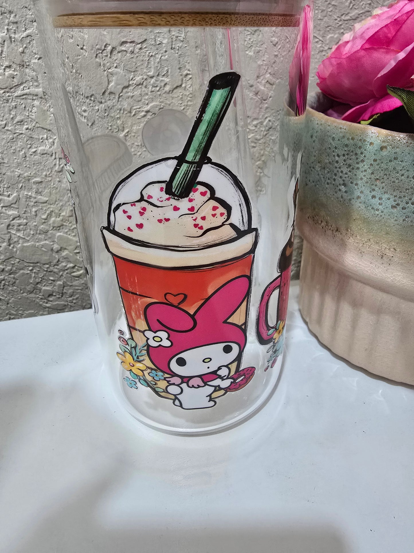 16 oz. Hello Kitty and Friends Glass Cup Iced Coffee Cocktail Tumbler with Lid and Straw