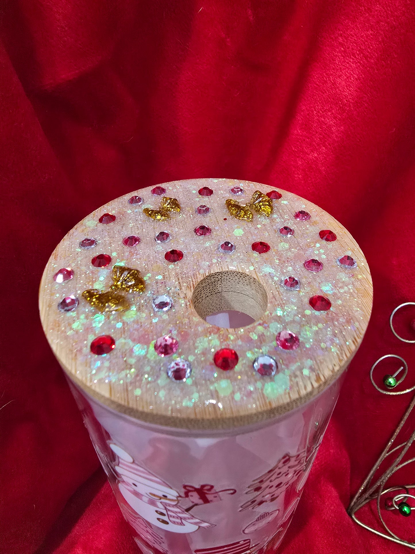 16 oz. Christmas Tree Snowman with Rhinestones Glass Cup Iced Coffee Cocktail Tumbler with Lid and Straw