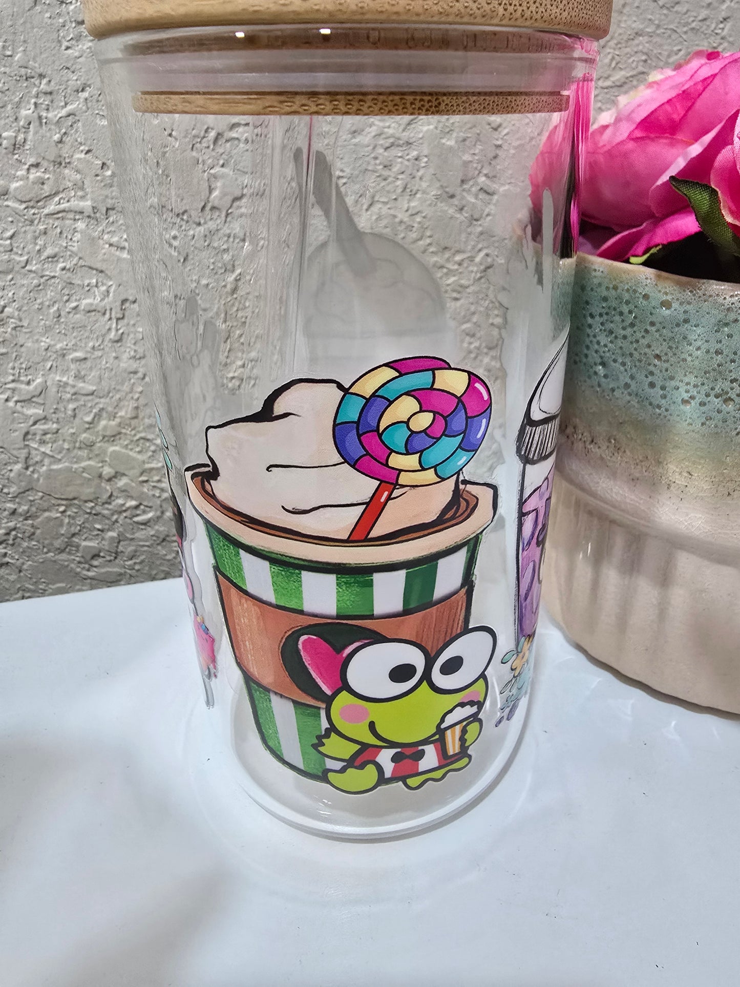 16 oz. Hello Kitty and Friends Glass Cup Iced Coffee Cocktail Tumbler with Lid and Straw