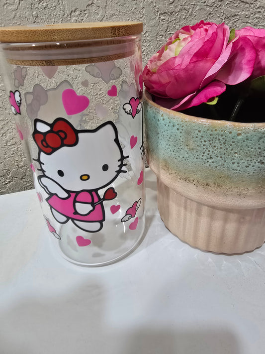 16 oz Hello Kitty Angel with Flying Hearts Glass Cup Iced Coffee Cup Cocktail Tumbler with Lid and Straw
