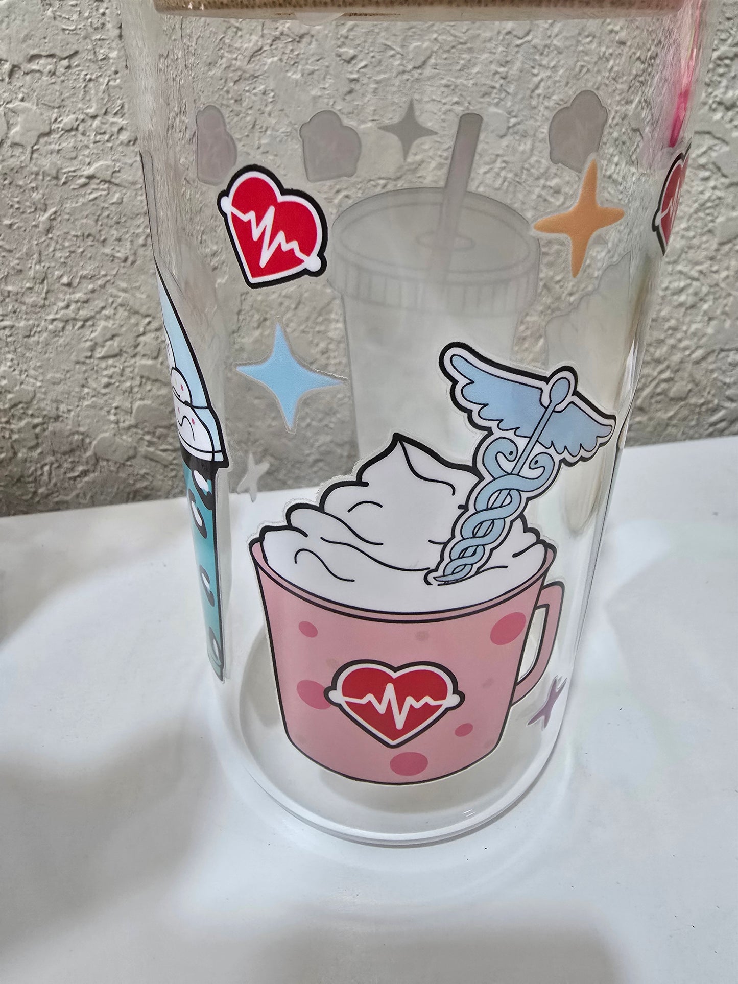 16 oz.  Heart Monitor Nurse Doctor Glass Cup Iced Coffee Cocktail Tumbler with Lid and Straw