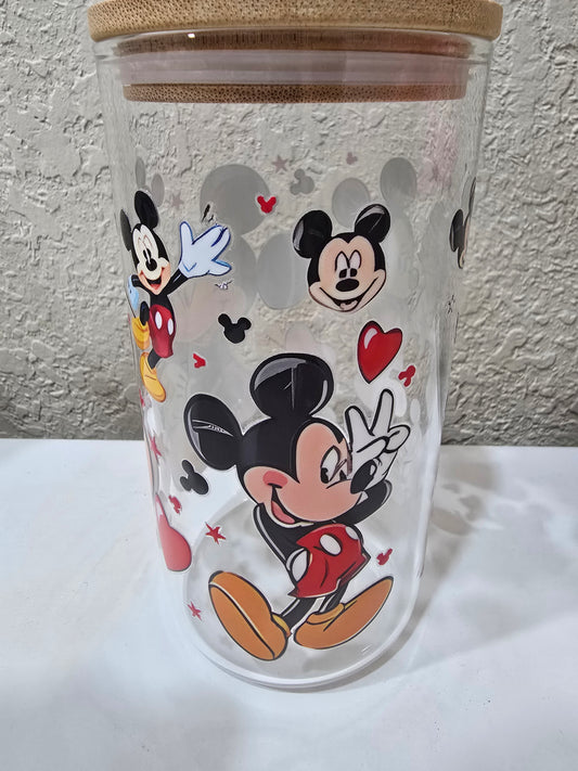 16 oz. Mickey Mouse Glass Cup Iced Coffee Cocktail Tumbler with Lid and Straw