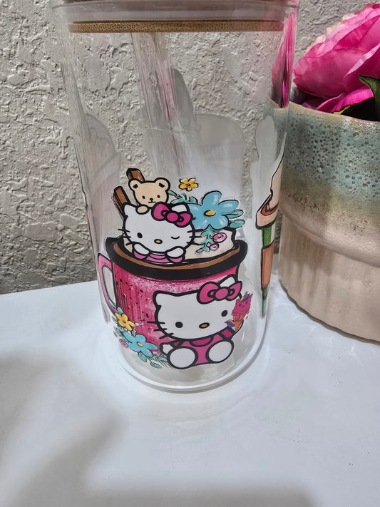 16 oz. Hello Kitty and Friends Glass Cup Iced Coffee Cocktail Tumbler with Lid and Straw