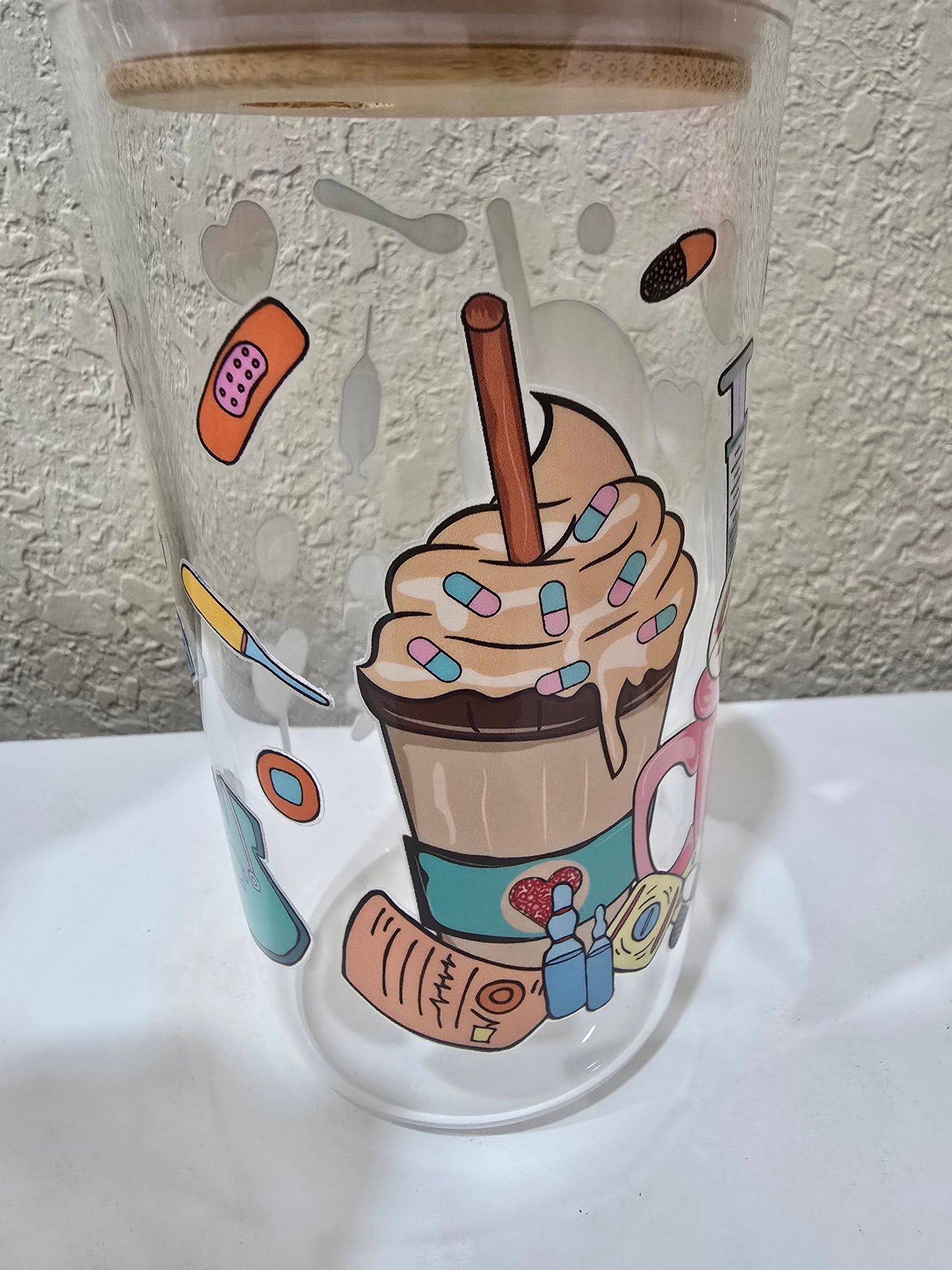 16 oz. Medical Nurse Doctor Glass Cup Iced Coffee Cocktail Tumbler with Lid and Straw