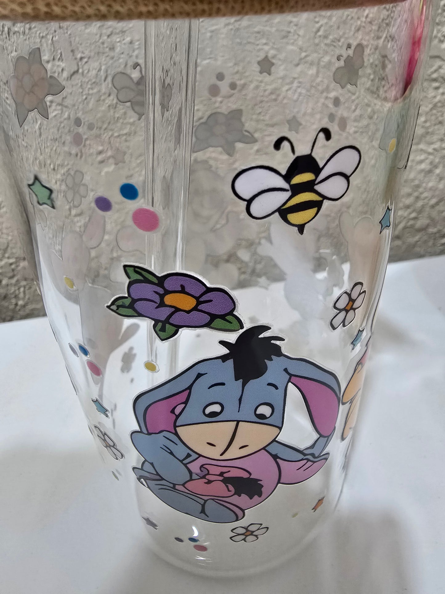 16 0z. Winnie the Pooh and Friends Glass Cup Iced Coffee Tumbler with Lid and Straw