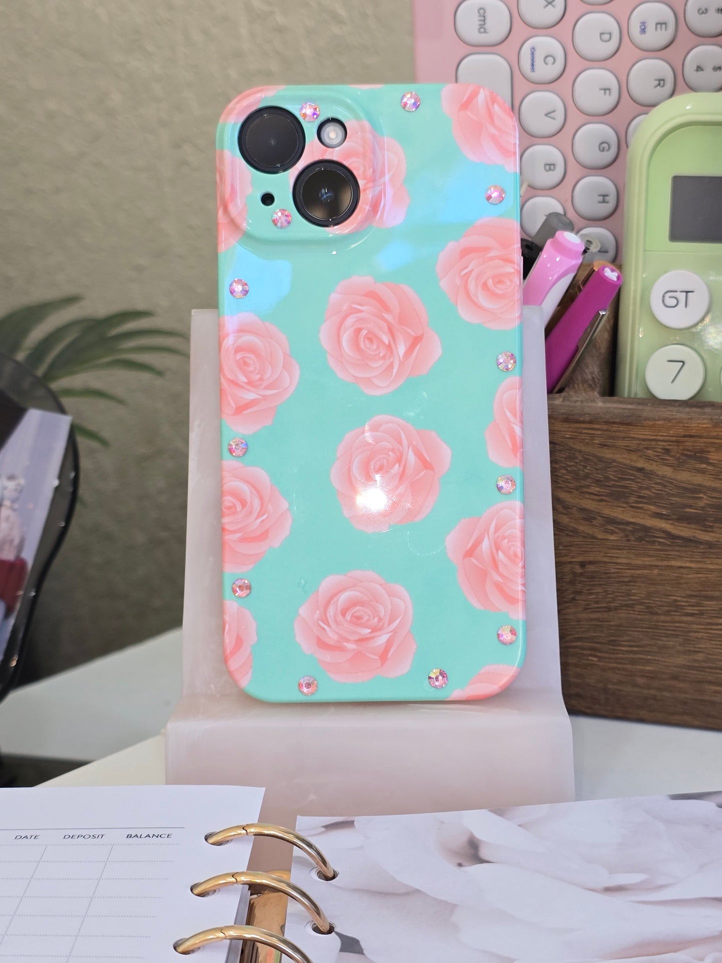 Pink Rose and Mint Green with Rhinestones/Pink Bling Phone Case for IPhone 15 Glossy Hard Case