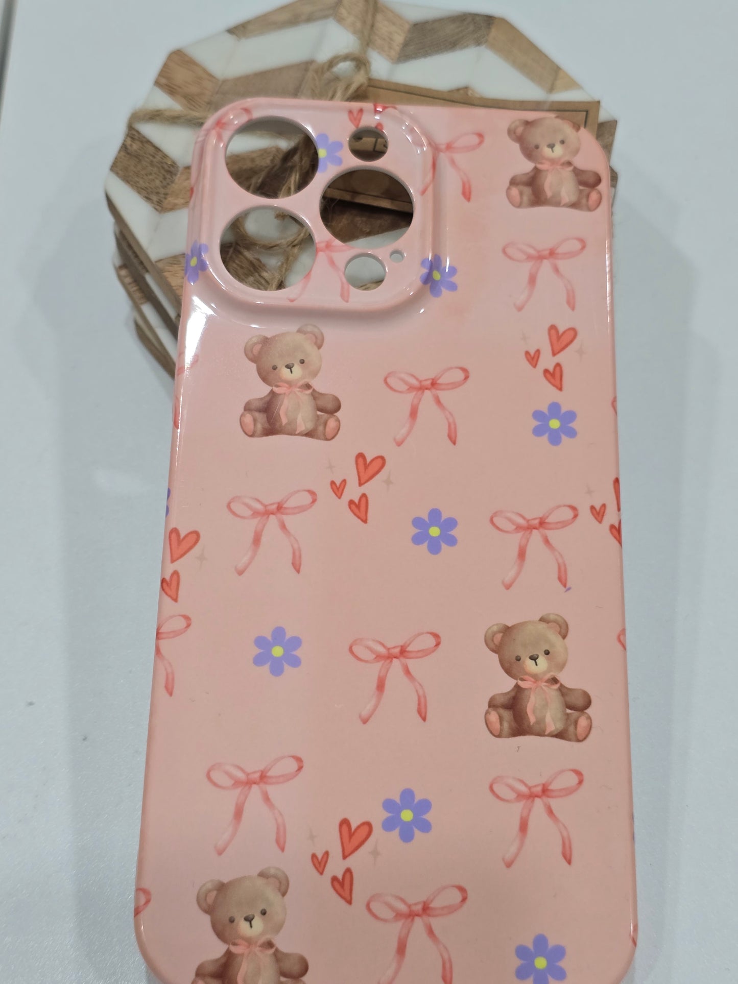 Cute Teddy Bear with Hearts Bows Purple Flowers Phone Case for Iphone 16 ProMax DIY