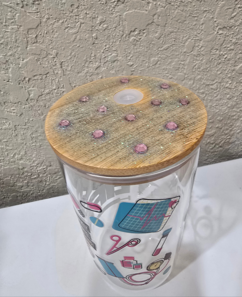 16 oz. Nurse Life Glass Cup Iced Coffee Tumbler with Lid and Straw