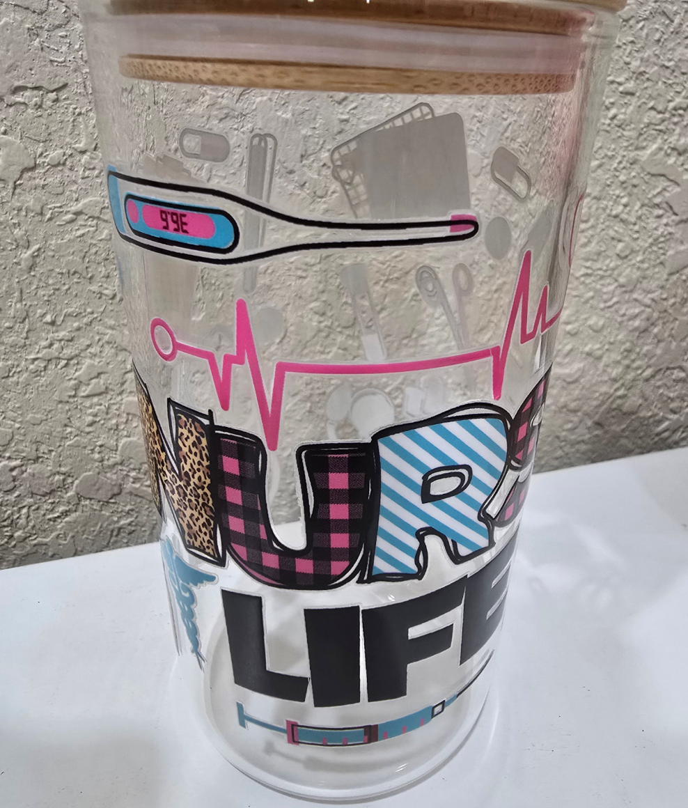 16 oz. Nurse Life Glass Cup Iced Coffee Tumbler with Lid and Straw