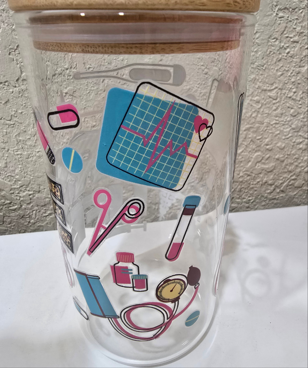 16 oz. Nurse Life Glass Cup Iced Coffee Tumbler with Lid and Straw