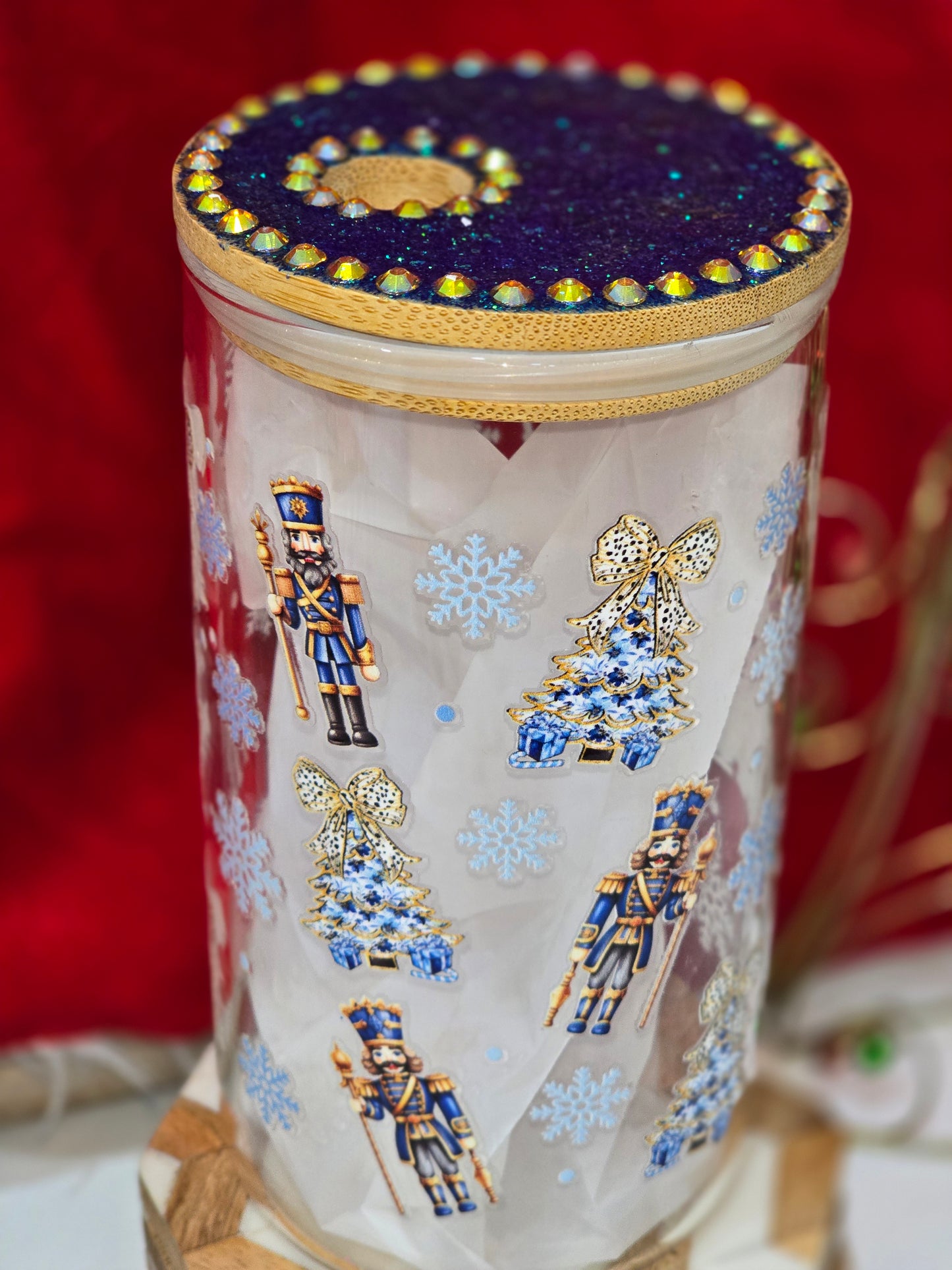 16 oz.  Nutcracker Christmas Tree with Rhinestones Glass Cup Iced Coffee Cocktail Tumbler with Lid and Straw