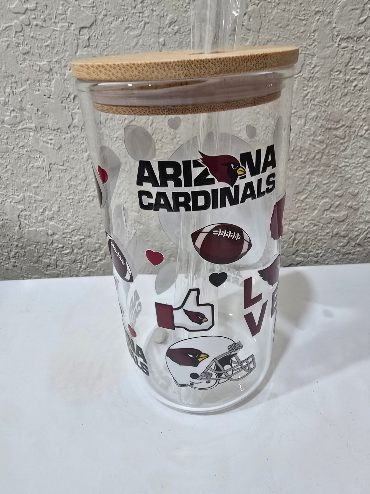 16 oz. Phoenix Cardinals Glass Cup Iced Coffee Cocktail Tumbler with Lid and Straw