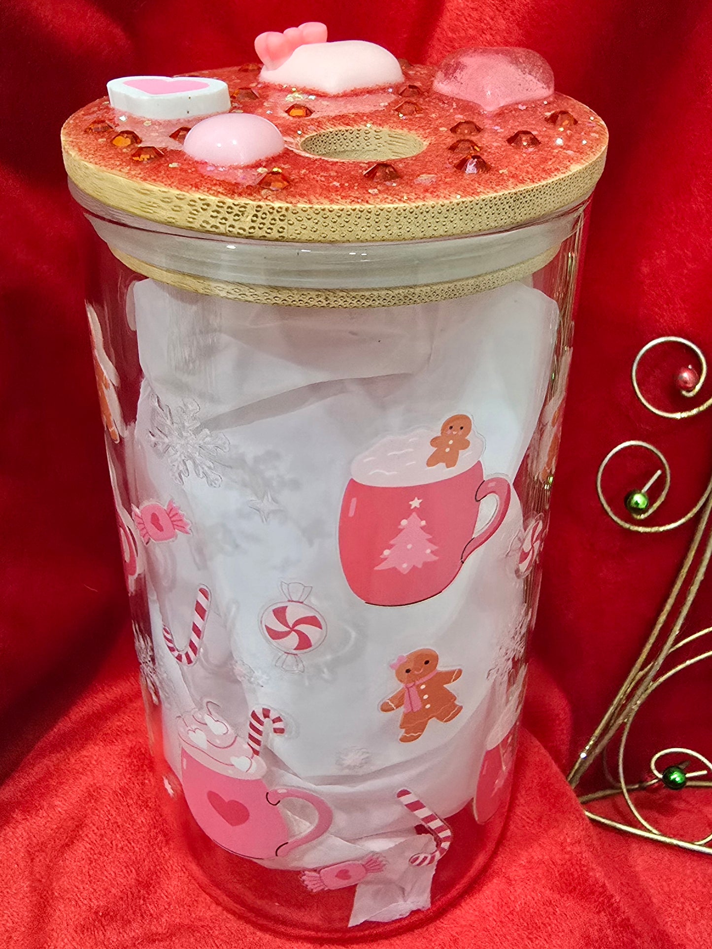 16 oz. Pink Christmas Latte and Candy Heart with Rhinestones Glass Cup Iced Coffee Cocktail Tumbler with Lid and Straw