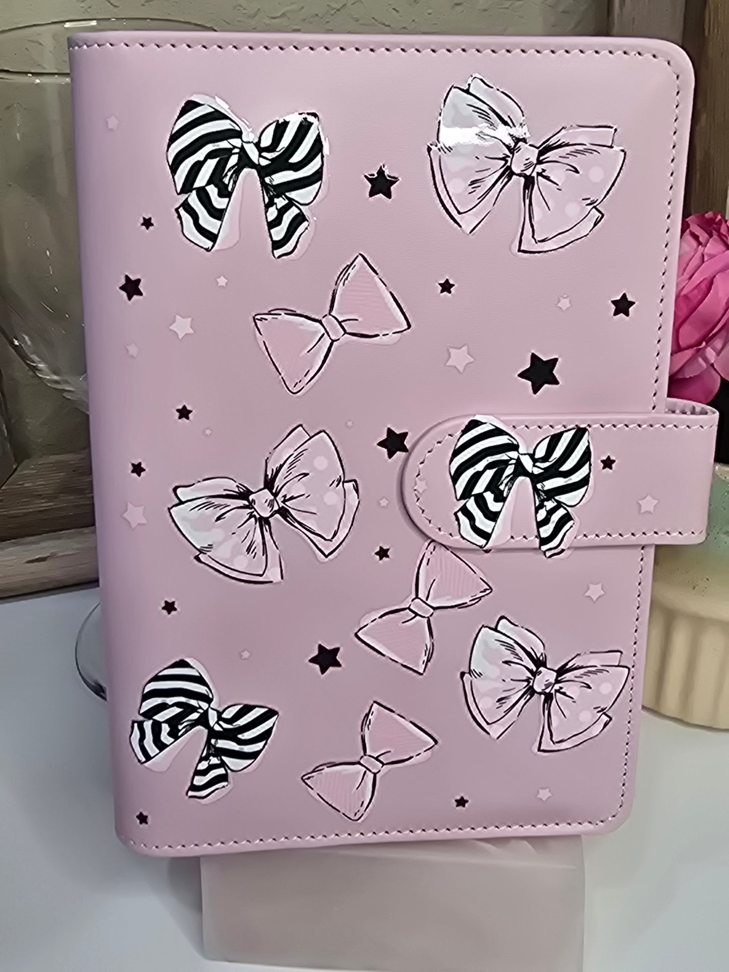 Pink Bow Planner 6 Ring A6 Leather Binder Shell for Budgeting Journaling Planning with Magnetic Buckle Closure