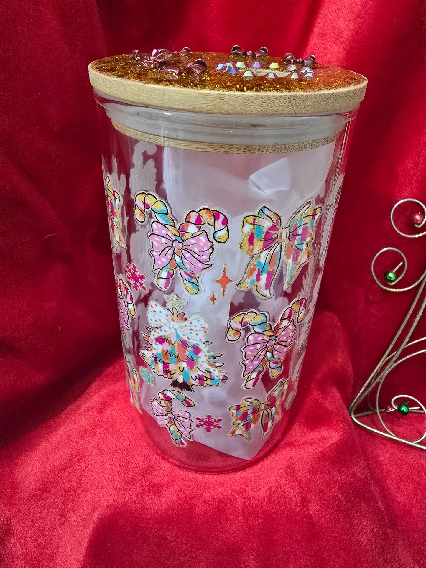 16 oz. Christmas Tree Candy Cane Bows with Rhinestones Glass Cup Iced Coffee Cocktail Tumbler with Lid and Straw