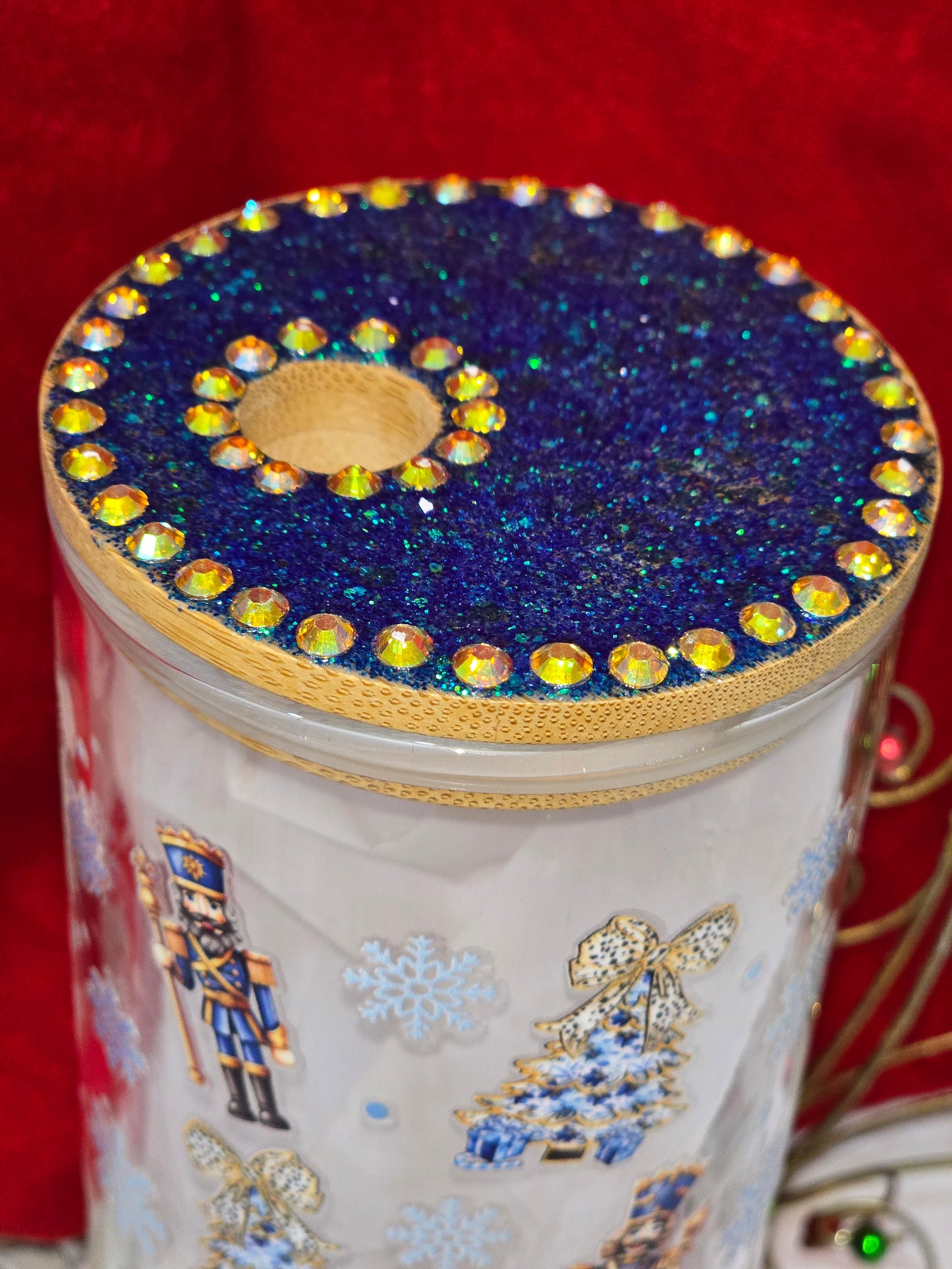 16 oz.  Nutcracker Christmas Tree with Rhinestones Glass Cup Iced Coffee Cocktail Tumbler with Lid and Straw