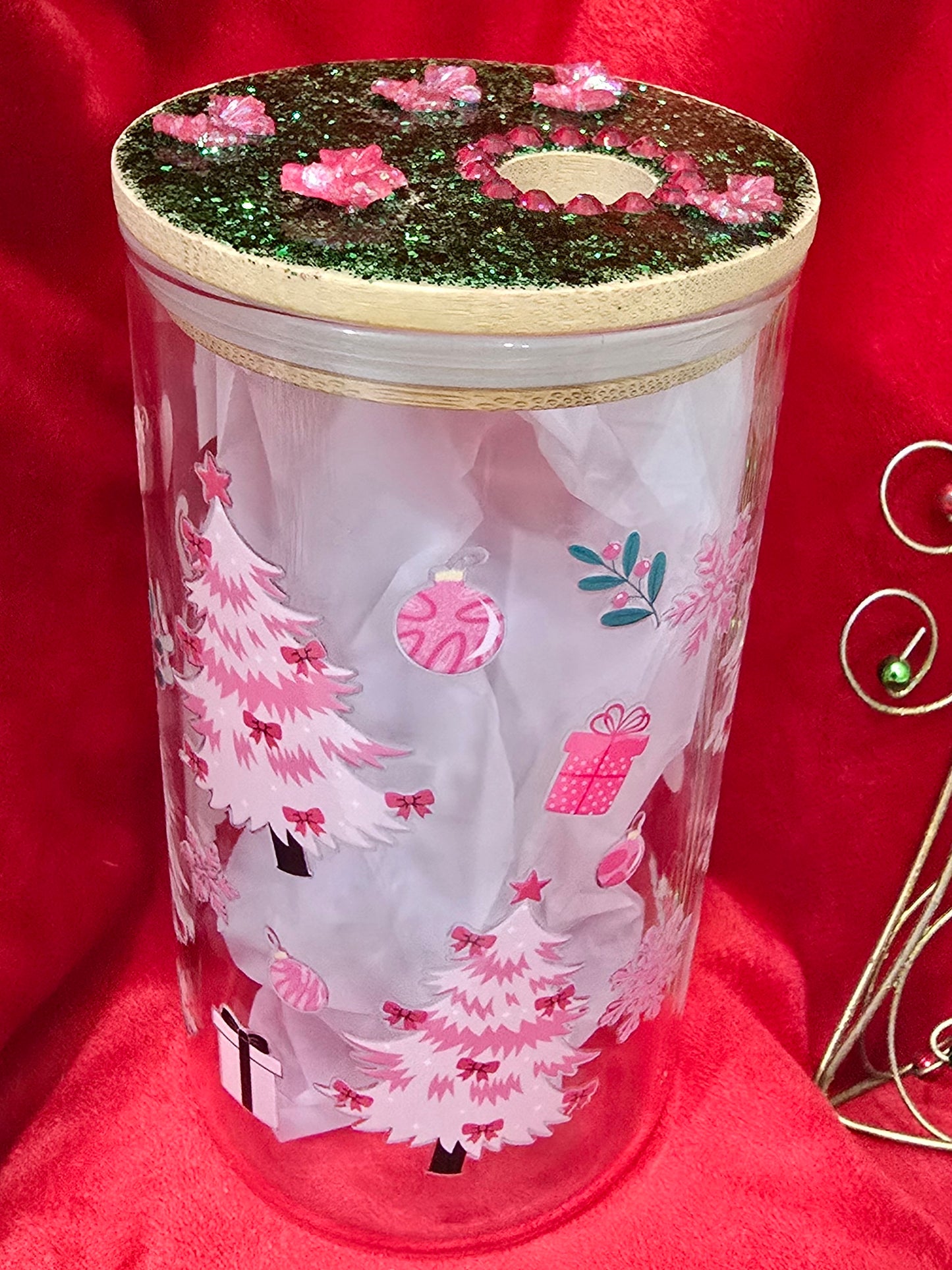 16 oz. Pink Christmas Tree with Bows and Rhinestones Glass Cup Iced Coffee Cocktail Tumbler with Lid and Straw