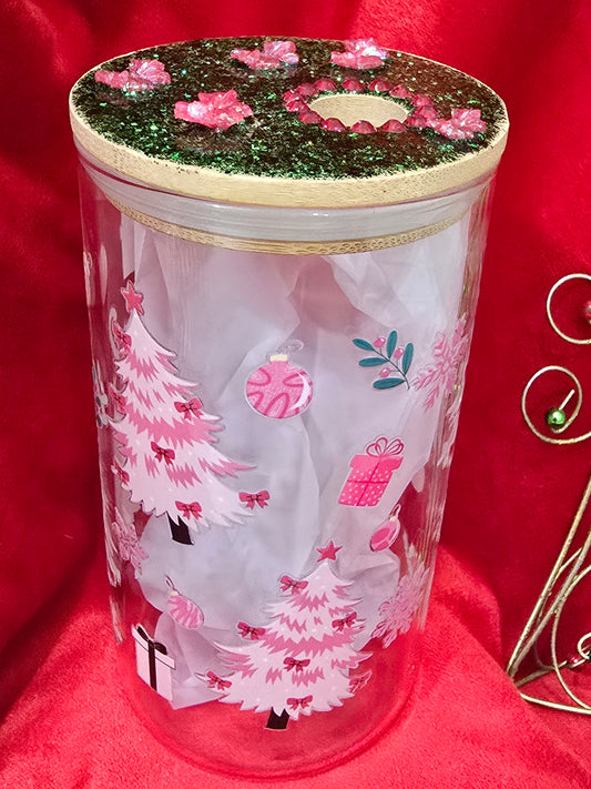 16 oz. Pink Christmas Tree with Bows and Rhinestones Glass Cup Iced Coffee Cocktail Tumbler with Lid and Straw