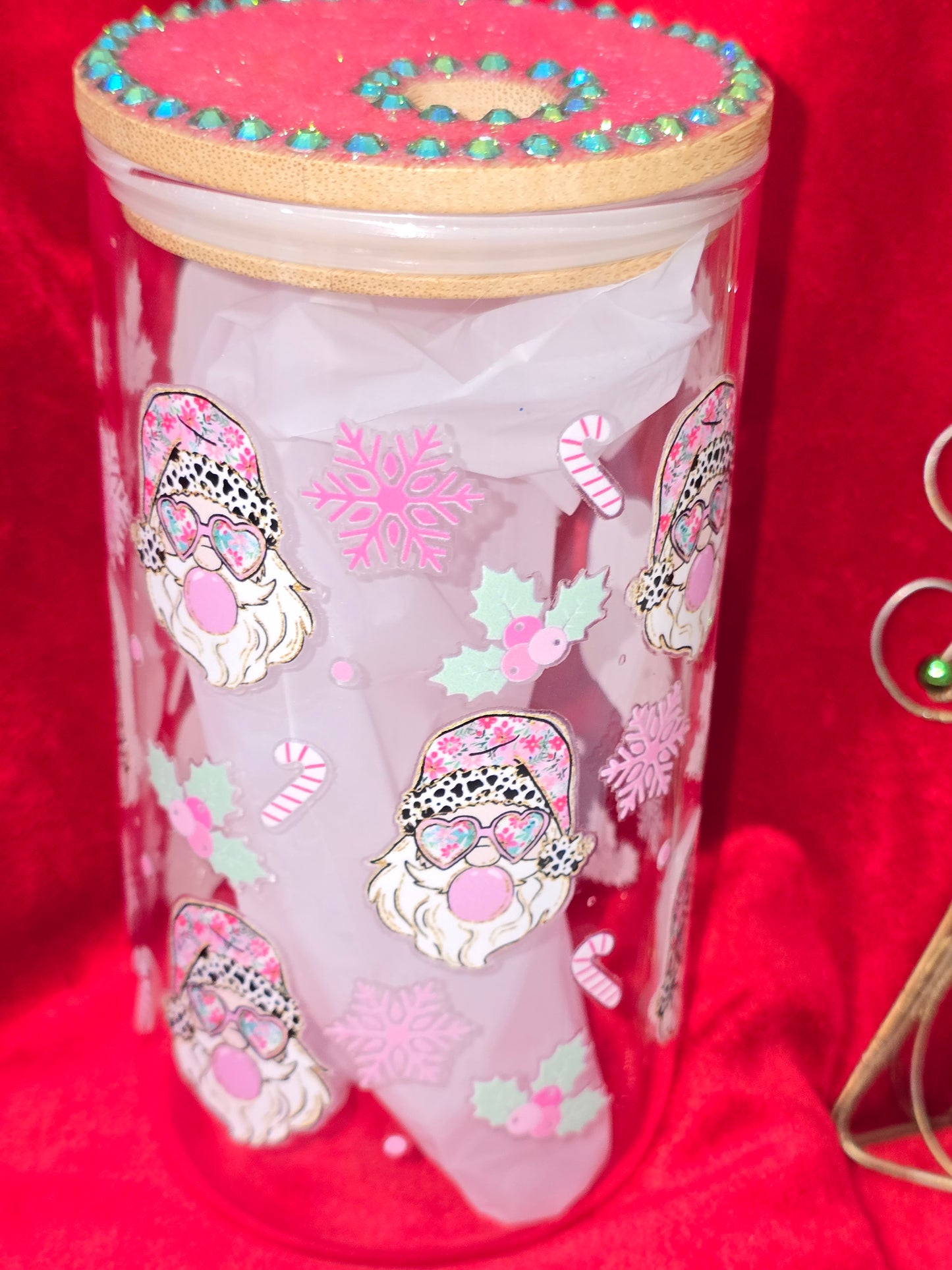 16 oz.  Bubblegum Candy Cane Santa with Rhinestones Glass Cup Iced Coffee Cocktail Tumbler with Lid and Straw