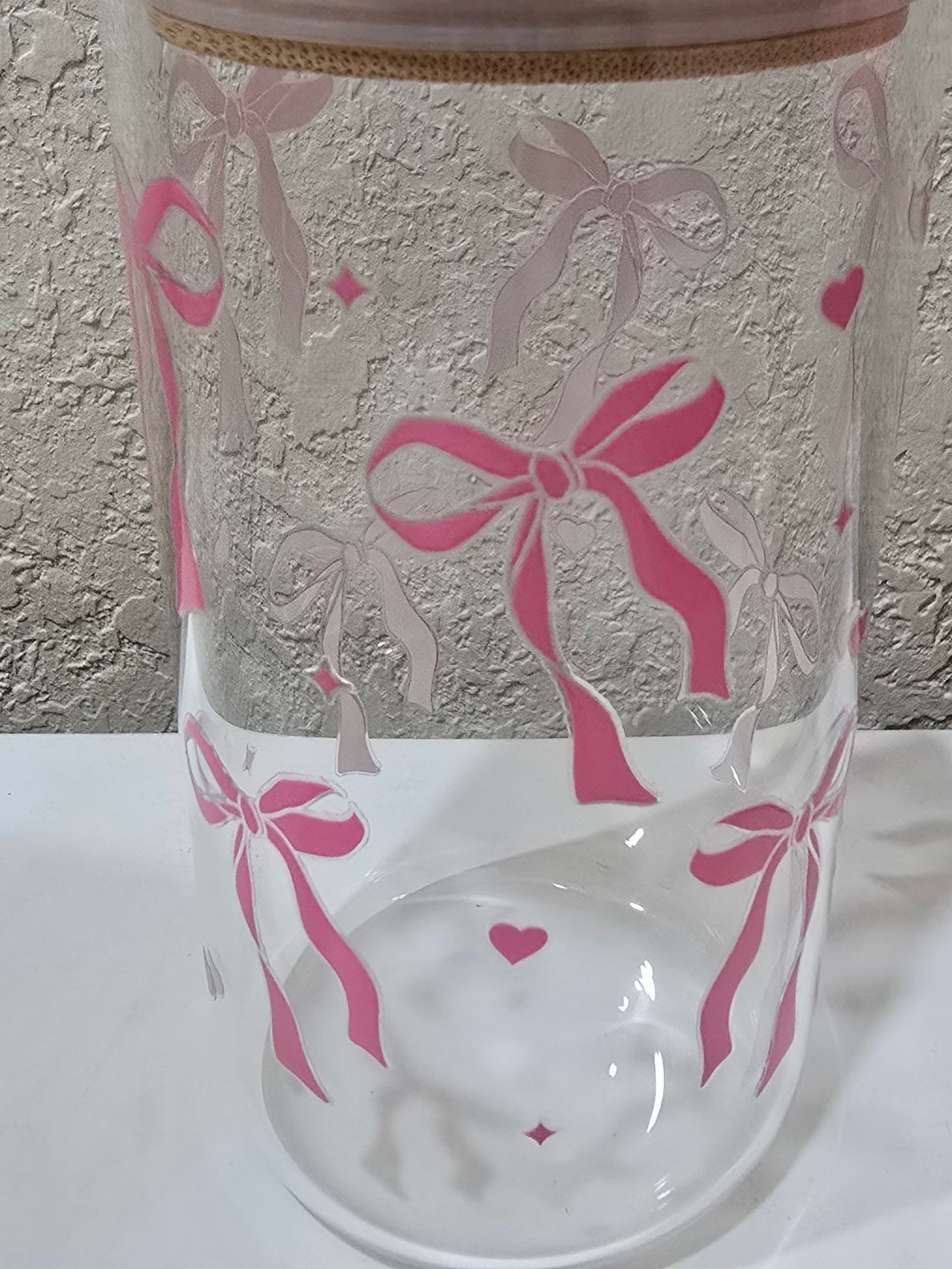16 oz. Pink Bows and Hearts Glass Cup Iced Coffee Cocktail Tumbler with Lid and Straw