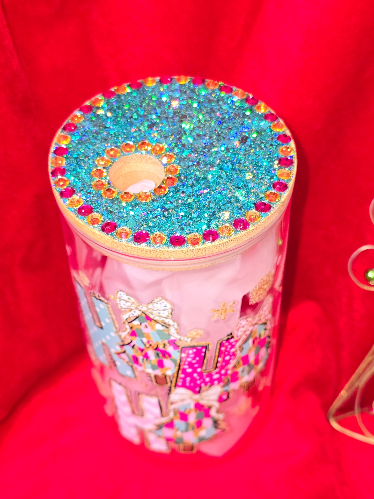 16 oz.  HOHOHO Christmas Tree Bows with Rhinestones Glass Cup Iced Coffee Cocktail Tumbler with Lid and Straw